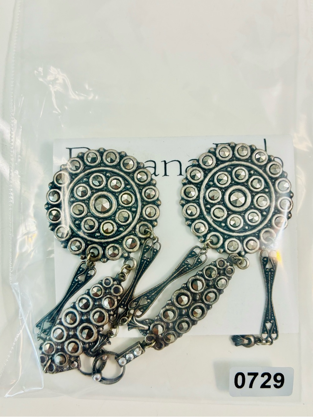 Antique Silver-Tone Art Deco Revival Dark Swarovski Dangle Clip Earrings 90s EUC - Picture 12 of 12